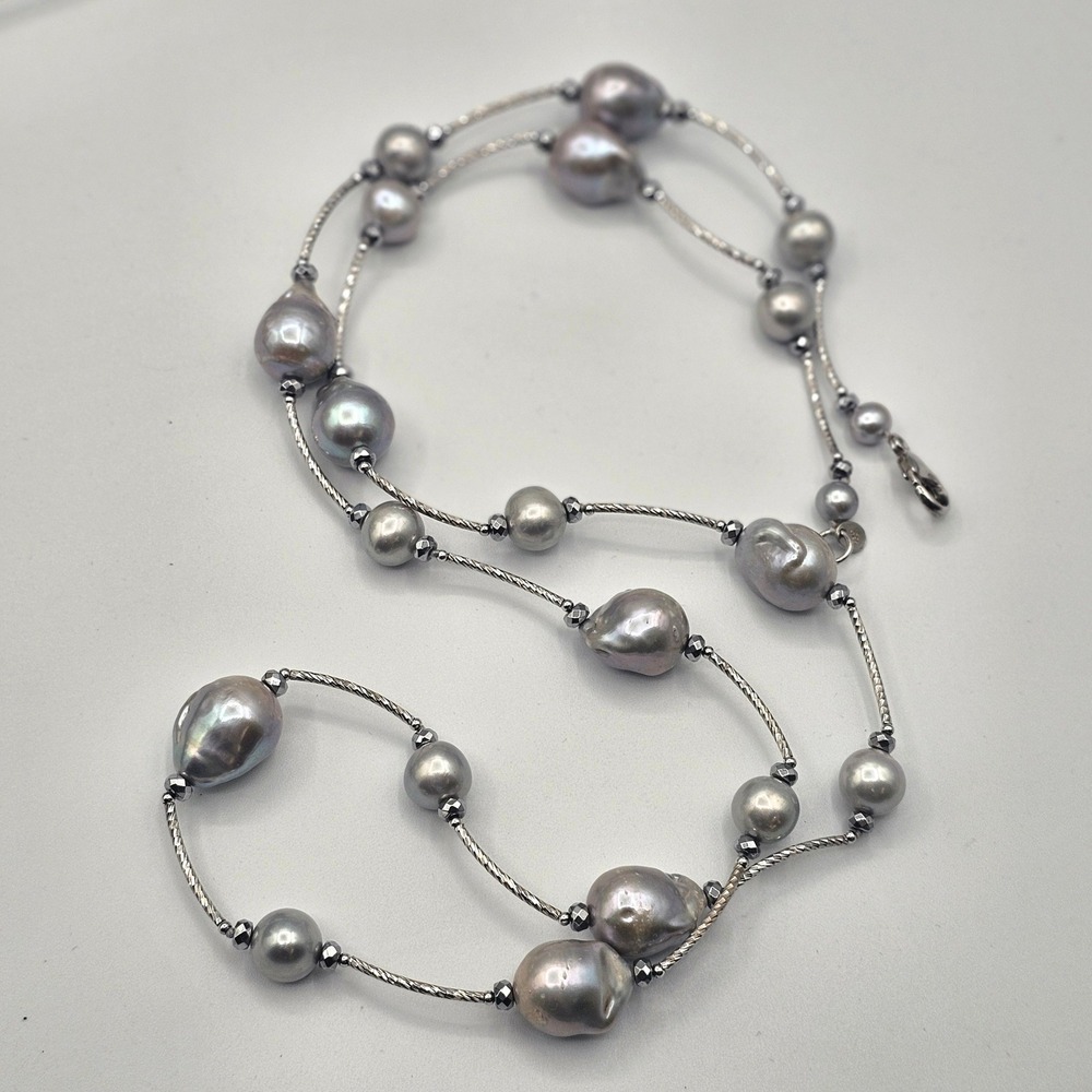 LUC Sterling Silver 925 Pearl Necklace Grey Baroque Iridescent Formal Wedding
